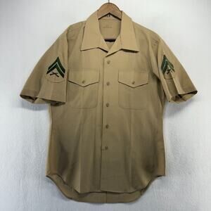 Vintage 80s US Army Military Shirt Men's 16 Large Button Pockets Patches Khaki
